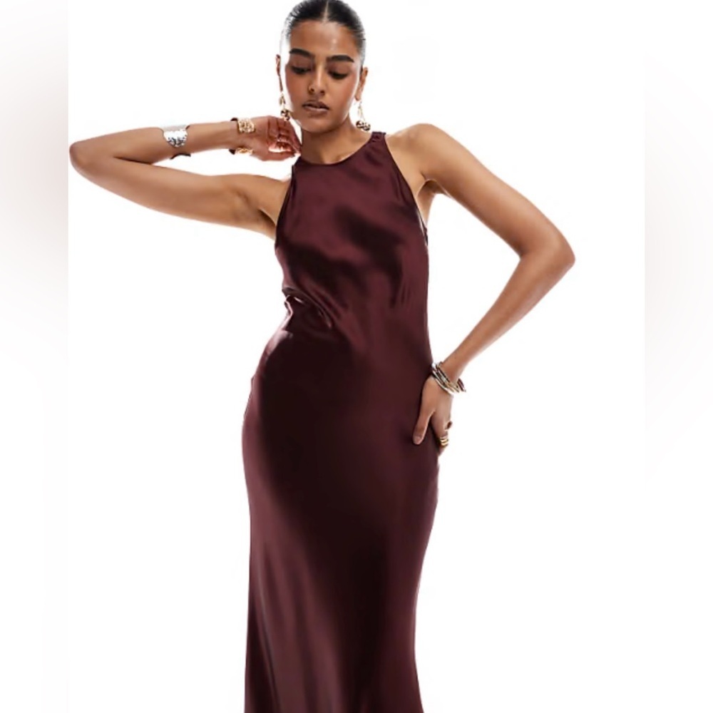 Wine Color Satin Midi Dress